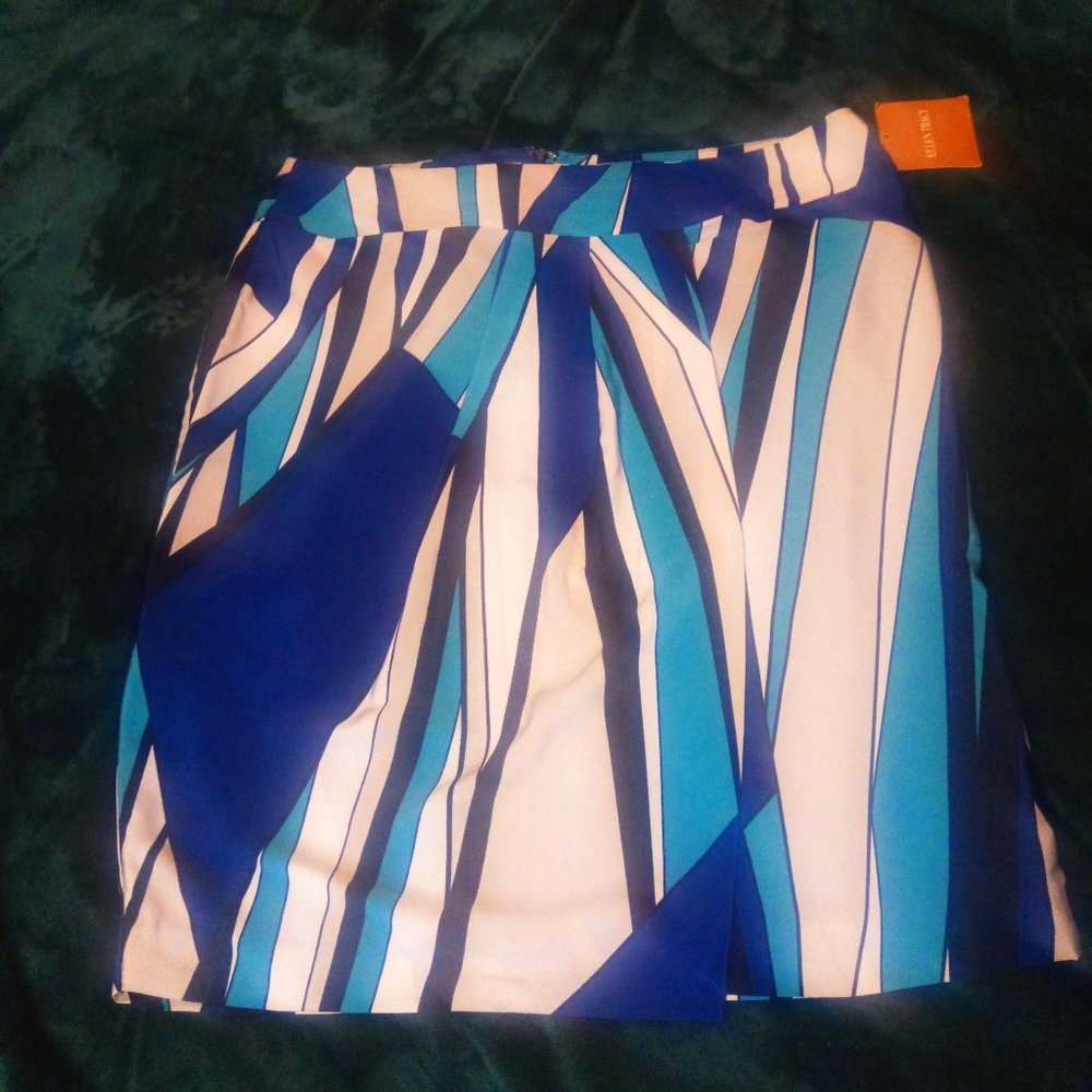 Ellen Tracy Geometric Print Faux Wrap Skirt Azure Blue Multi Sz 12 NWT